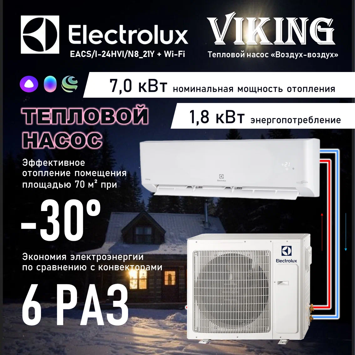 Купить тепловой насос воздух воздух Electrolux Viking 2.0 EACS/I-24HVI/N8_21Y (кондиционирование и обогрев до -30°C) Купить тепловой насос воздух воздух Electrolux Viking 2.0 EACS/I-24HVI/N8_21Y (кондиционирование и обогрев до -30°C)